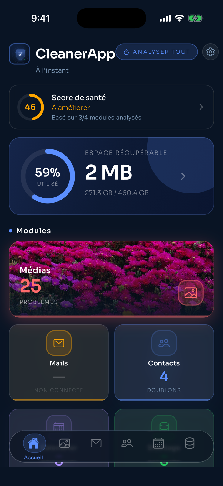 CleanerApp home screen with the health score and recoverable space
